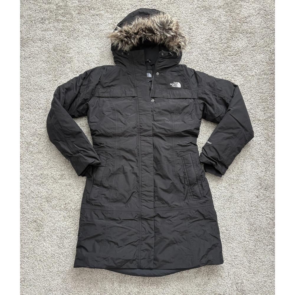 The North Face Women's M Arctic Down Parka Jacket Black Faux Fur Hood F10 ANHD